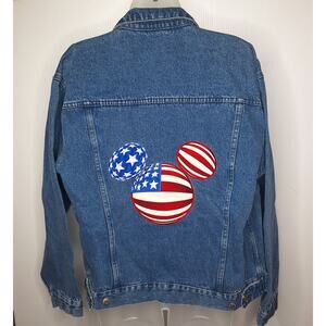 Vintage Y2K Oversized Disney Denim Jacket American Flag Mickey Mouse Ears Small